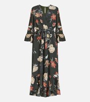 Yumi Kim Yumi Black Floral Ruffle Dip Hem Midi Wrap Dress